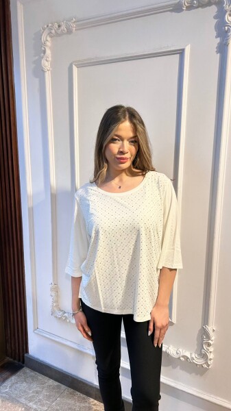 Bluz Kristal Taş İşlemeli Beyaz - 80040 | KAZEE (3'lü Set L-XL-2XL) - Kazee