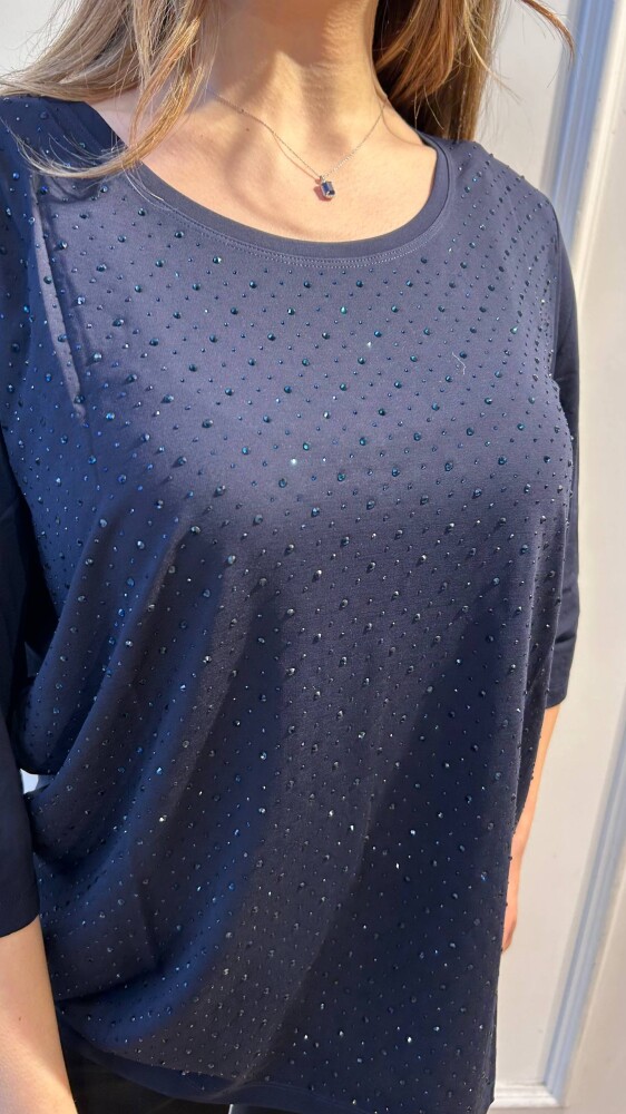 Bluz Kristal Taş İşlemeli Lacivert - 80040 | KAZEE (3'lü Set L-XL-2XL) - 2
