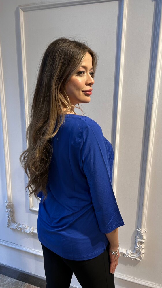 Bluz Kristal Taş İşlemeli Saks - 80040 | KAZEE (3'lü Set L-XL-2XL) - 3