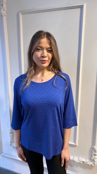 Bluz Kristal Taş İşlemeli Saks - 80040 | KAZEE (3'lü Set L-XL-2XL) - KAZEE