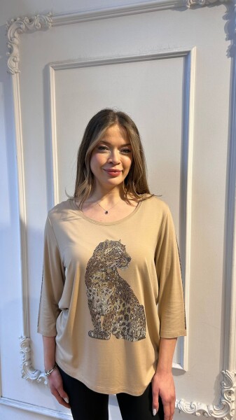 Bluz Leopar Detaylı Bej - 80041 | KAZEE (3'lü Set L-XL-2XL) - Kazee