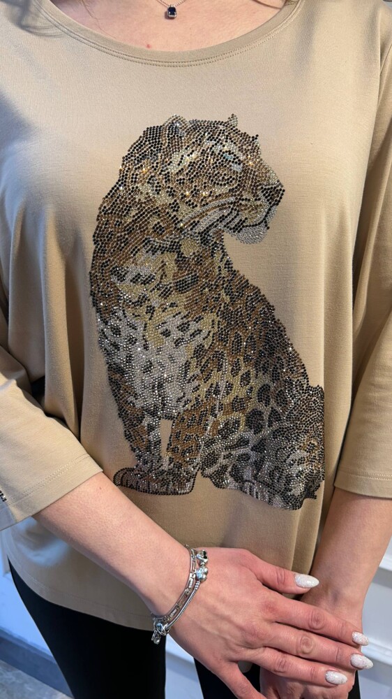 Bluz Leopar Detaylı Bej - 80041 | KAZEE (3'lü Set L-XL-2XL) - 3