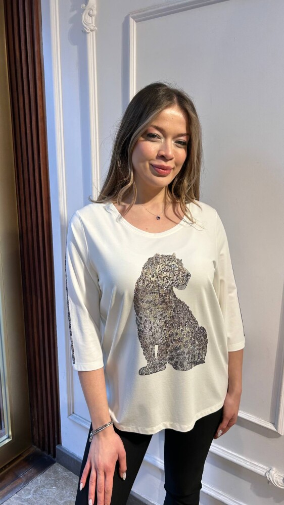 Bluz Leopar Detaylı Beyaz - 80041 | KAZEE (3'lü Set L-XL-2XL) - 1