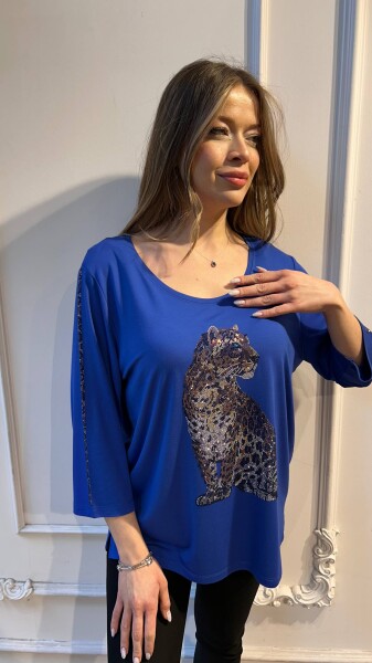 Bluz Leopar Detaylı Saks - 80041 | KAZEE (3'lü Set L-XL-2XL) - KAZEE (1)