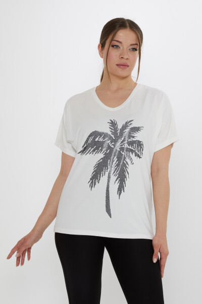 Bluz Palmiye Desenli Ekru - 79957 | KAZEE (4'lü Set S-M-L-XL) - Kazee