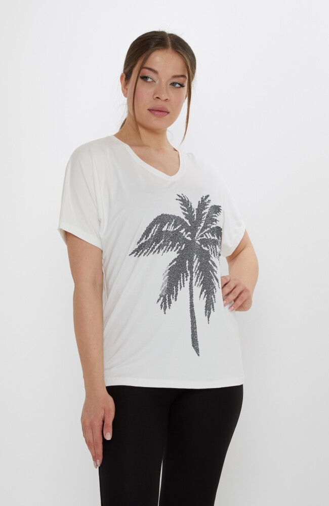 Bluz Palmiye Desenli Ekru - 79957 | KAZEE (4'lü Set S-M-L-XL) - 2