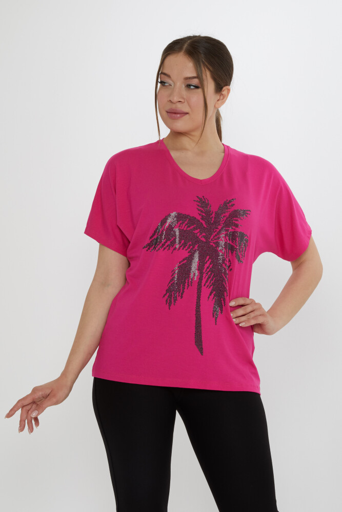 Bluz Palmiye Desenli Fuşya - 79957 | KAZEE (4'lü Set S-M-L-XL) - 2