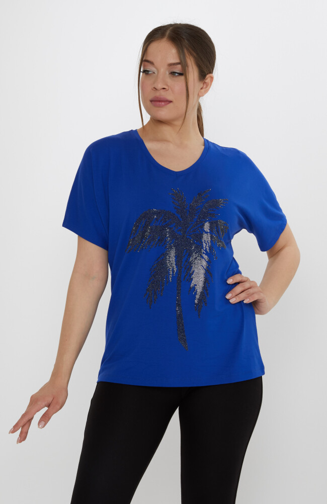 Bluz Palmiye Desenli Saks - 79957 | KAZEE (4'lü Set S-M-L-XL) - 2