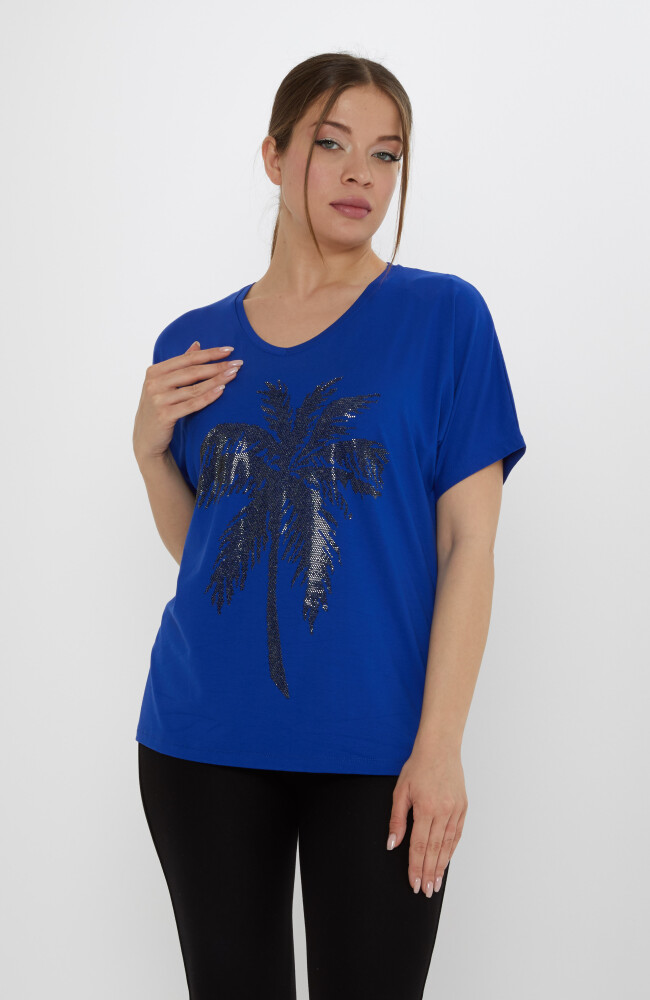 Bluz Palmiye Desenli Saks - 79957 | KAZEE (4'lü Set S-M-L-XL) - 1