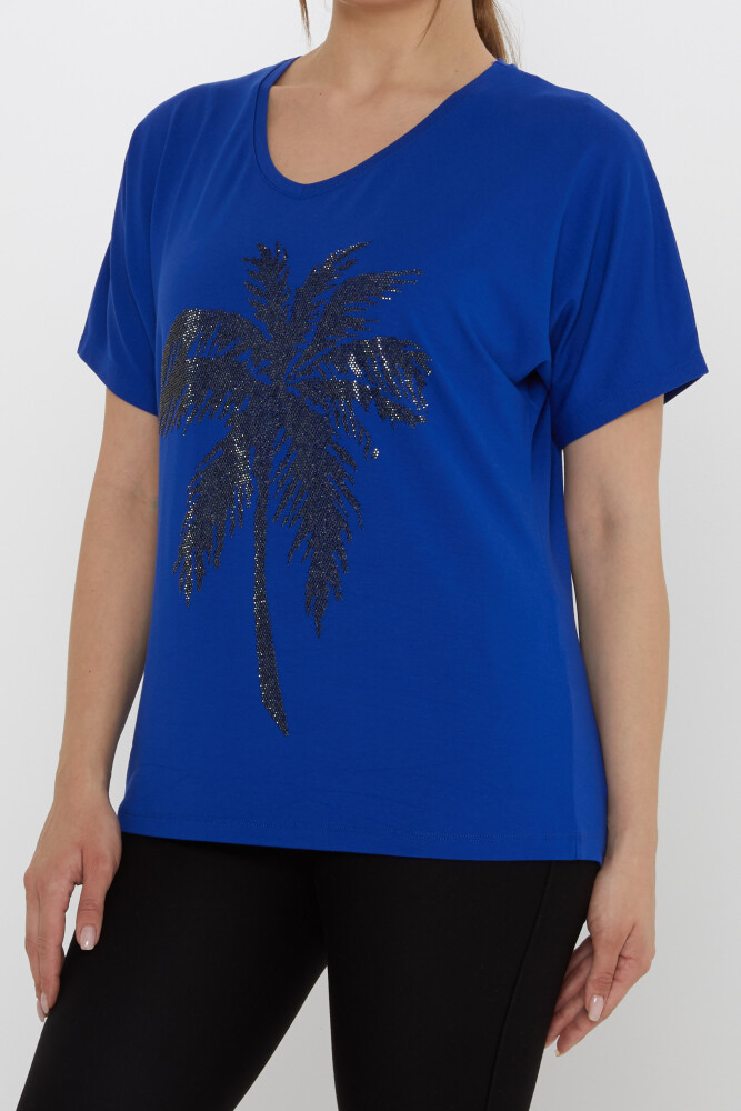 Bluz Palmiye Desenli Saks - 79957 | KAZEE (4'lü Set S-M-L-XL) - 3