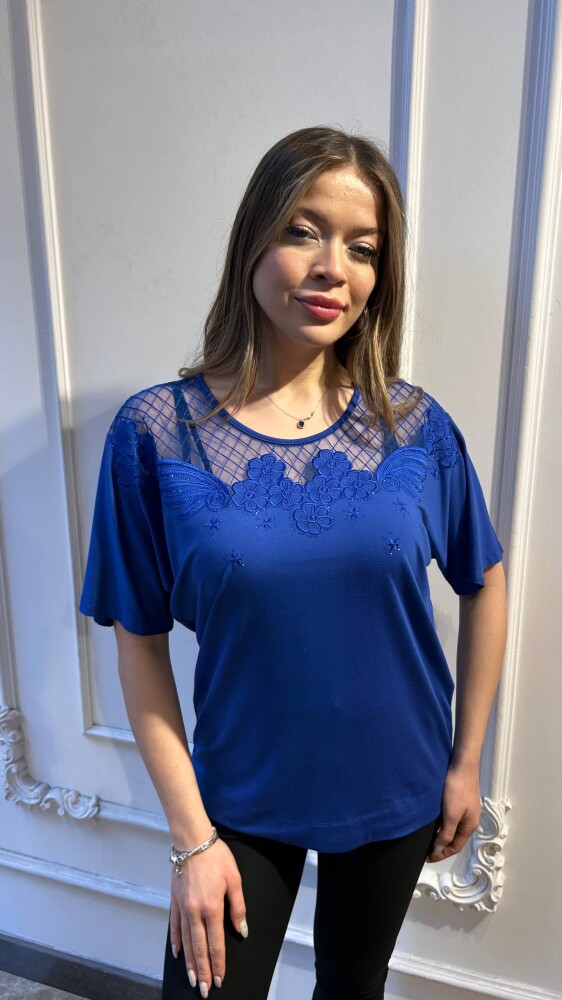 Bluz Tül Detaylı Saks - 80022 | KAZEE (3'lü Set M-L-XL) - 2