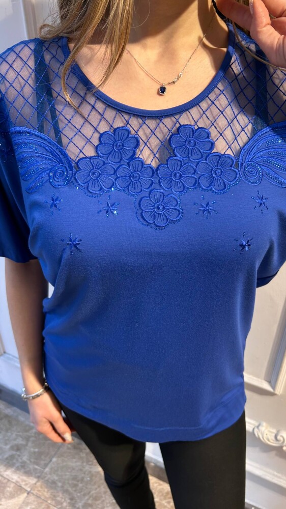 Bluz Tül Detaylı Saks - 80022 | KAZEE (3'lü Set M-L-XL) - 3