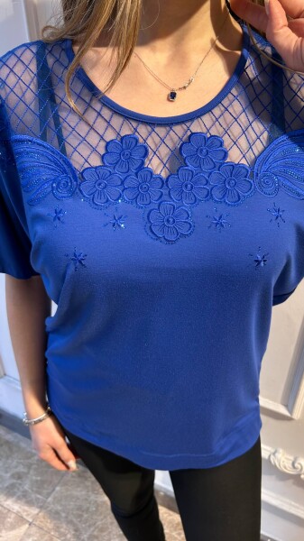 Bluz Tül Detaylı Saks - 80022 | KAZEE (3'lü Set M-L-XL) - 3