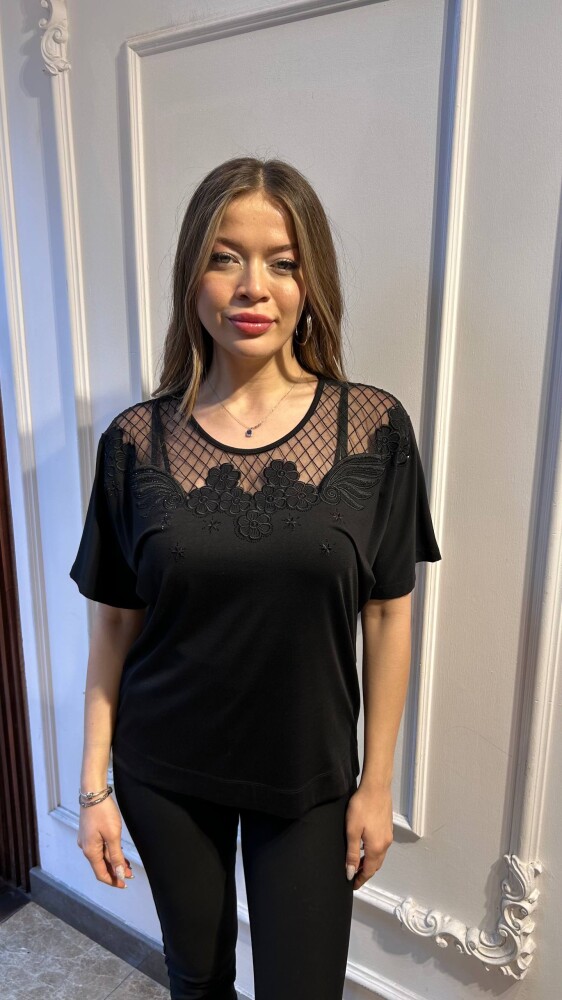 Bluz Tül Detaylı Siyah - 80022 | KAZEE (3'lü Set M-L-XL) - 1