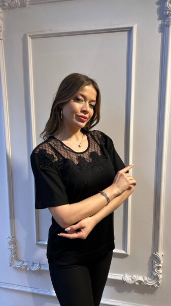 Bluz Tül Detaylı Siyah - 80022 | KAZEE (3'lü Set M-L-XL) - Kazee (1)
