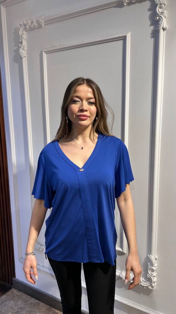 Bluz V Yaka Saks - 80026 | KAZEE (3'lü Set M-L-XL) - 1