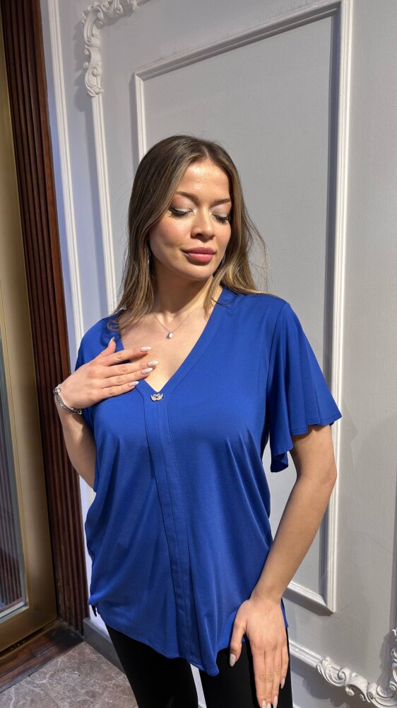 Bluz V Yaka Saks - 80026 | KAZEE (3'lü Set M-L-XL) - 2