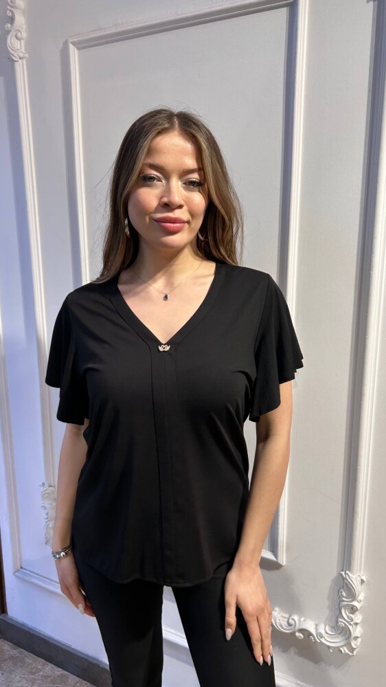 Bluz V Yaka Siyah - 80026 | KAZEE (3'lü Set M-L-XL) - 1