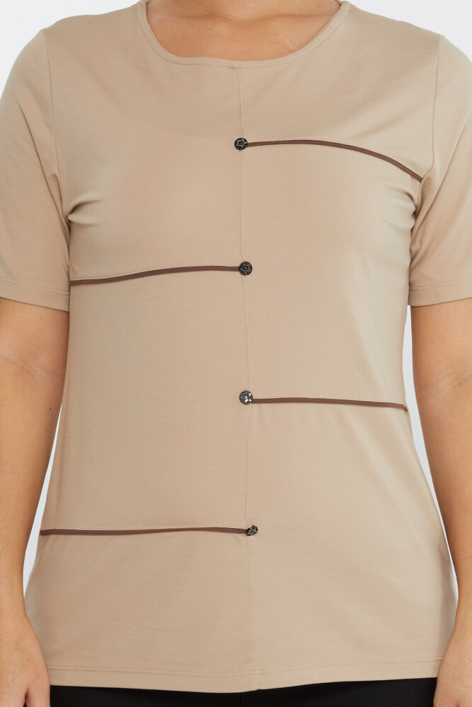 Bluză Star Button Mânecă Scurtă Bej - 80061 | KAZEE (Set de 3 M-L-XL) - 3