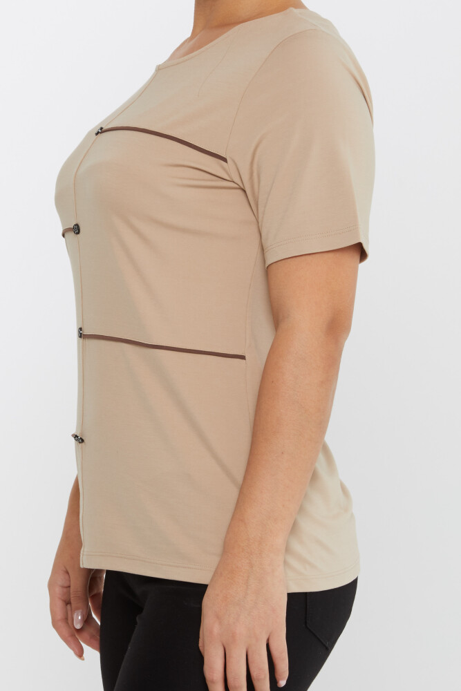 Bluză Star Button Mânecă Scurtă Bej - 80061 | KAZEE (Set de 3 M-L-XL) - 4