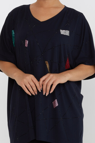 Bluză cu mânecă scurtă brodată cu piatră Albastru Marin - 80110 | KAZEE (Set de 4 M-L-XL-2XL) - 3