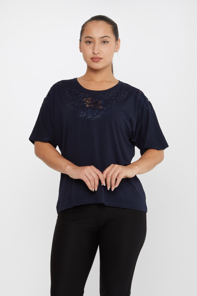 Bluză Broderie Trandafir Pietrită Bleumarin - 80062 | KAZEE (Set de 4 L-XL-2XL-3XL) - 1