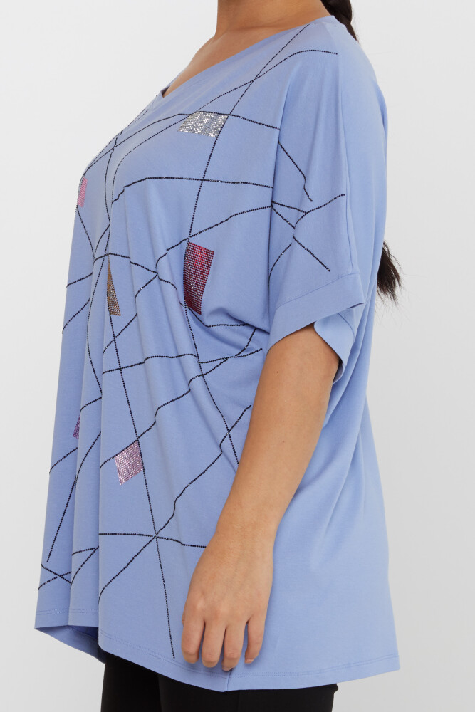 Bluză cu mânecă scurtă brodată cu piatră Albastră - 80110 | KAZEE (Set de 4 M-L-XL-2XL) - 4