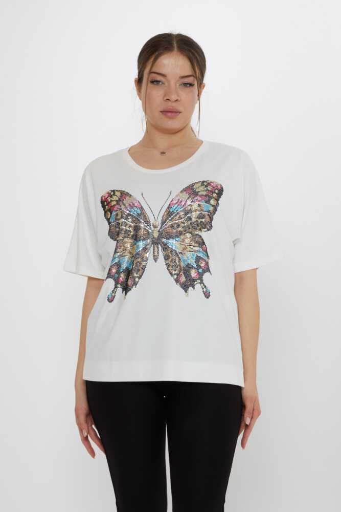 Bluză cu model fluture Ecru - 80046 | KAZEE (Set de 3 L-XL-2XL) - 2