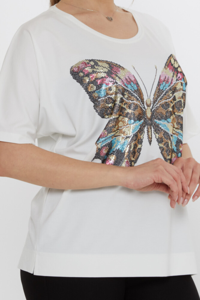 Bluză cu model fluture Ecru - 80046 | KAZEE (Set de 3 L-XL-2XL) - 5