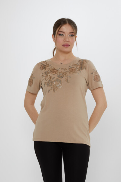 Bluză cu model trandafir Bej - 80125 | KAZEE (Set de 3 M-L-XL) - Kazee