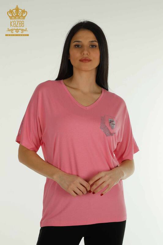 Bluză de damă cu ridicata - Brodat cu piatră - Roz - 77487 | KAZEE