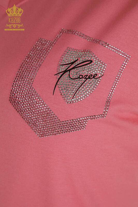Bluză de damă cu ridicata - Brodat cu piatră - Roz - 77487 | KAZEE