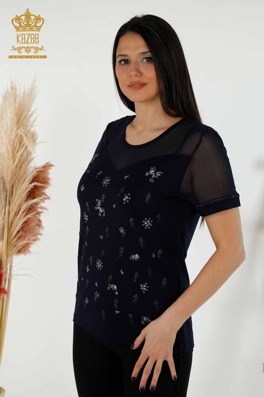 Bluză de damă cu ridicata cu detaliu din tul bleumarin - 79133 | KAZEE