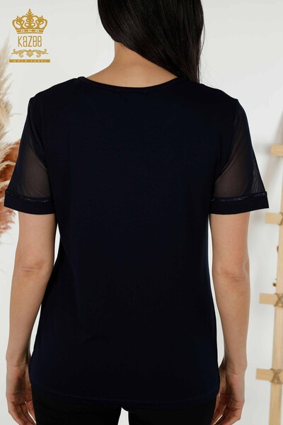 Bluză de damă cu ridicata cu detaliu din tul bleumarin - 79133 | KAZEE - Thumbnail
