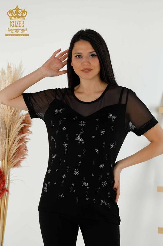 Bluză de damă cu ridicata cu detaliu din tul Negru - 79133 | KAZEE
