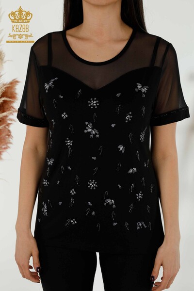 Bluză de damă cu ridicata cu detaliu din tul Negru - 79133 | KAZEE - Thumbnail