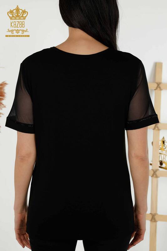 Bluză de damă cu ridicata cu detaliu din tul Negru - 79133 | KAZEE