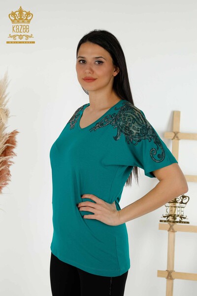 Bluză de damă cu ridicata cu detaliu pe umeri Verde - 79054 | KAZEE - Thumbnail