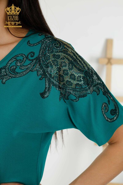 Bluză de damă cu ridicata cu detaliu pe umeri Verde - 79054 | KAZEE - Thumbnail