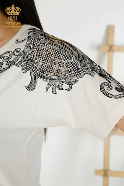 Bluză de damă cu ridicata detaliată pe umeri Ecru - 79054 | KAZEE - Thumbnail