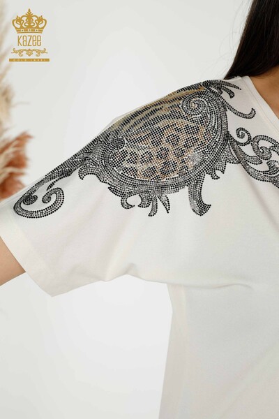 Bluză de damă cu ridicata detaliată pe umeri Ecru - 79054 | KAZEE - Thumbnail