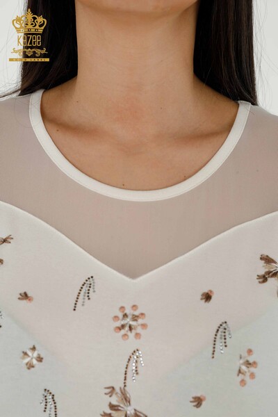 Bluză de damă cu ridicata din tul cu detalii Ecru - 79133 | KAZEE - Thumbnail