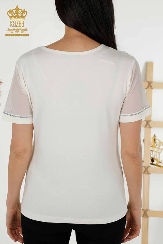 Bluză de damă cu ridicata din tul cu detalii Ecru - 79133 | KAZEE