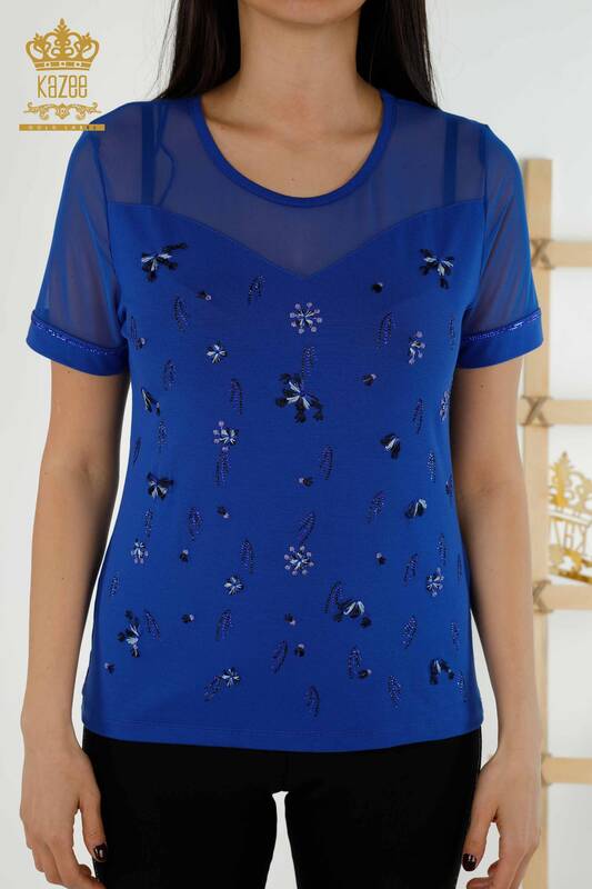 Bluză de damă cu ridicata din tul cu detalii Saks - 79133 | KAZEE