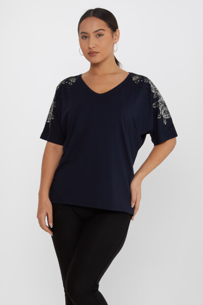 Bluza cu flori cu piatra brodata cu maneca scurta bleumarin - 80101 | KAZEE (Set de 4 L-XL-2XL-3XL) - 1