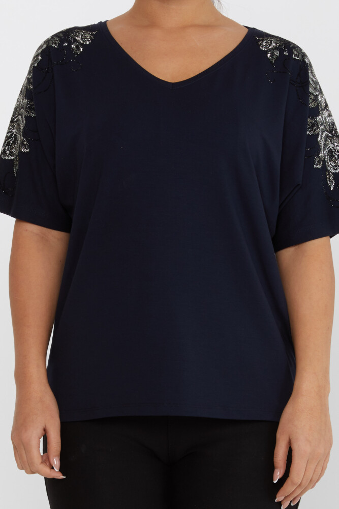 Bluza cu flori cu piatra brodata cu maneca scurta bleumarin - 80101 | KAZEE (Set de 4 L-XL-2XL-3XL) - 3