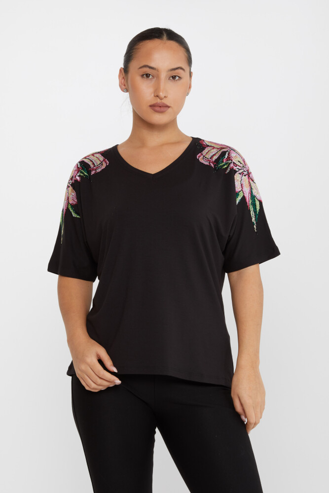 Bluză cu flori cu piatră brodata cu mânecă scurtă neagră - 79585 | KAZEE (Set de 4 M-L-XL-2XL) - 1