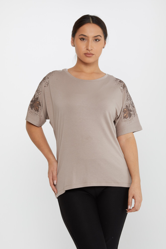 Bluza Frunza Brodata Pietra Brodata Maneca Scurta Mink - 79888 | KAZEE (Set de 4 M-L-XL-2XL) - 1