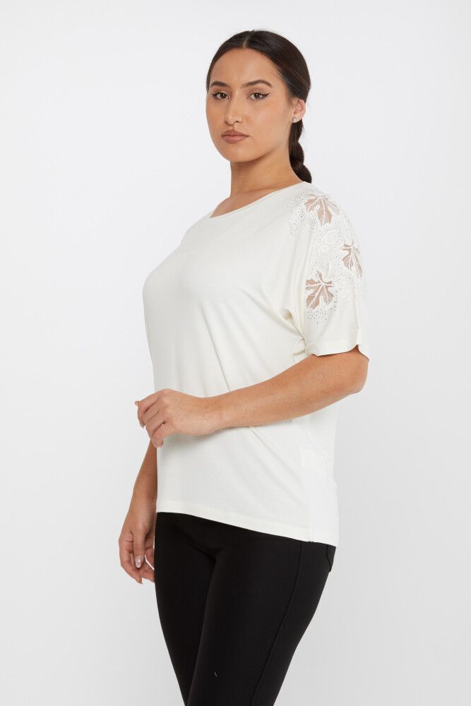 Bluza Frunza Brodata Pietra Brodata Maneca Scurta Ecru - 79888 | KAZEE (Set de 4 M-L-XL-2XL) - 2