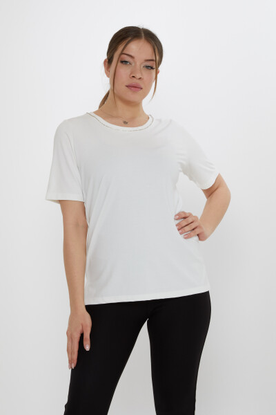 Bluză Guler Piatră Detaliată Ecru - 80030 | KAZEE (Set de 3 M-L-XL) 